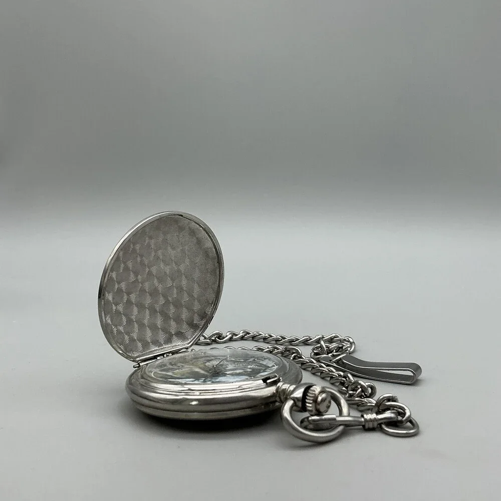 Al Agnew Pocket Watch Men 47mm Silver Tone Wolf Full Hunter Chain Analog